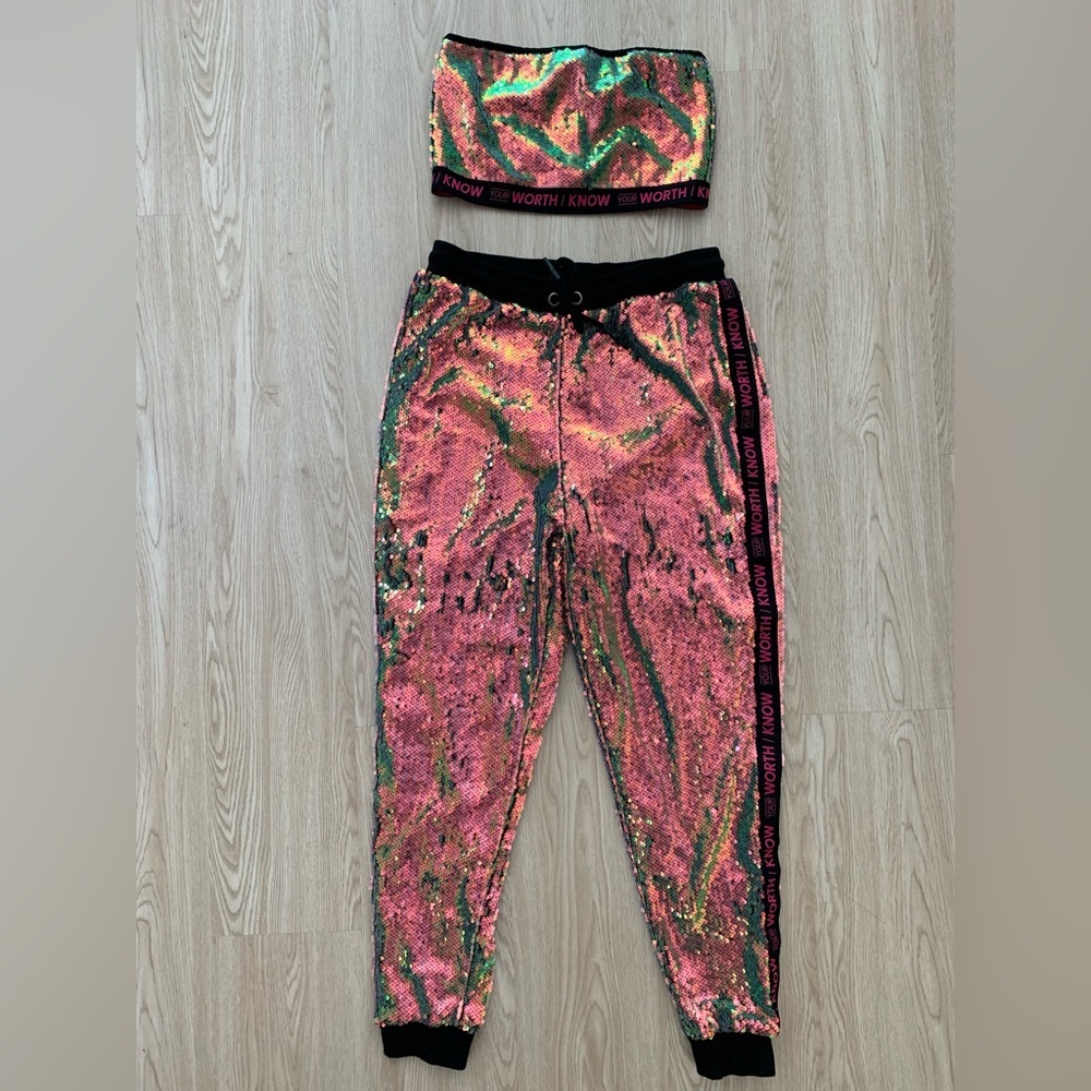 Iridescent sequin strapless crop top jogger set outfit nwot - Picture 1 of 3